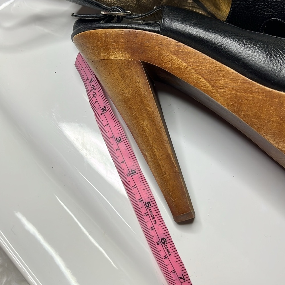 Stylish Black Leather& Wood Platform  Slingback Heels - Picture 7 of 12